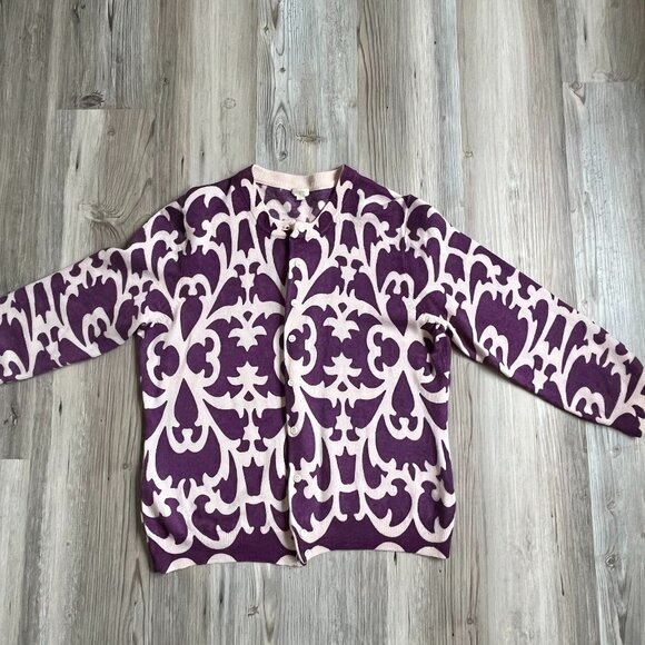 J. Crew Purple & White Merino Wool Cardigan with 3/4 Sleeves, Size Large - Picture 6 of 9